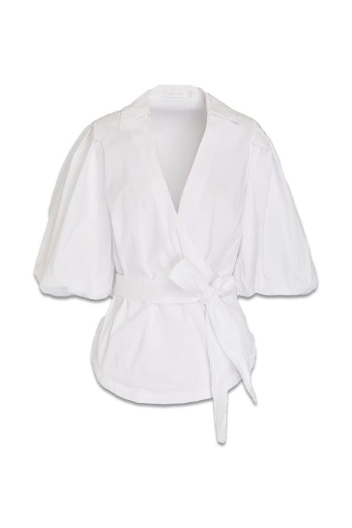 Belted Wrap-effect Cotton-blend Poplin Blouse