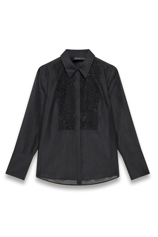 Black Embellished Bib-detail Shirt
