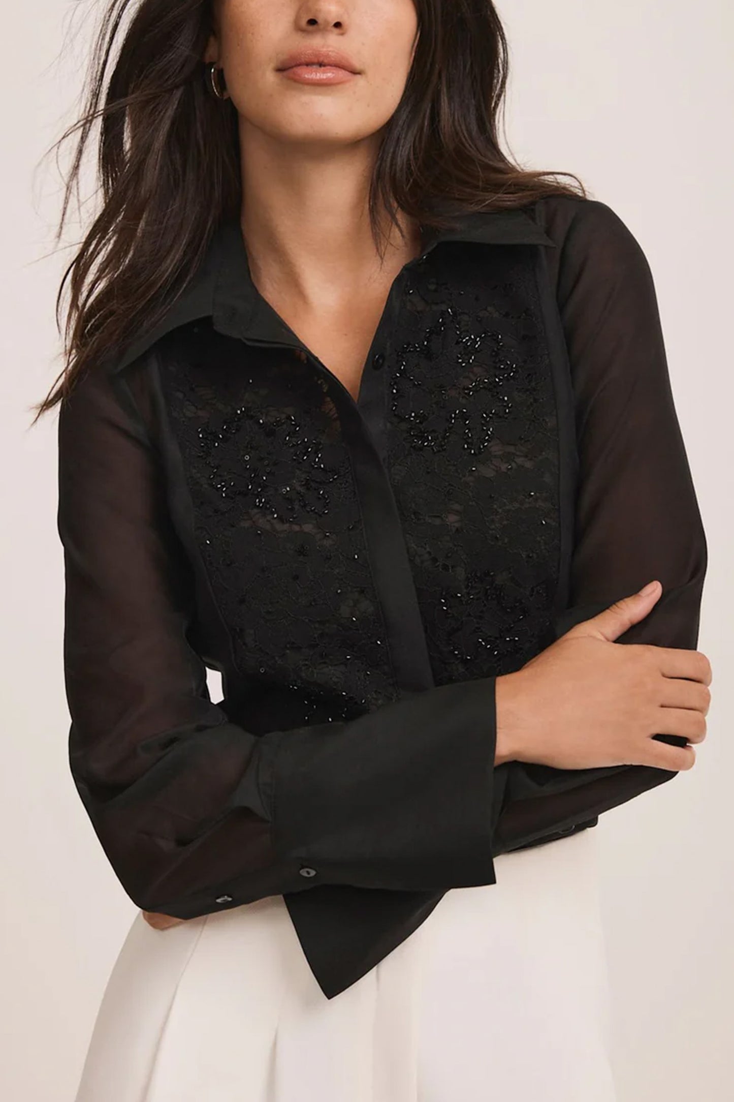 Black Embellished Bib-detail Shirt