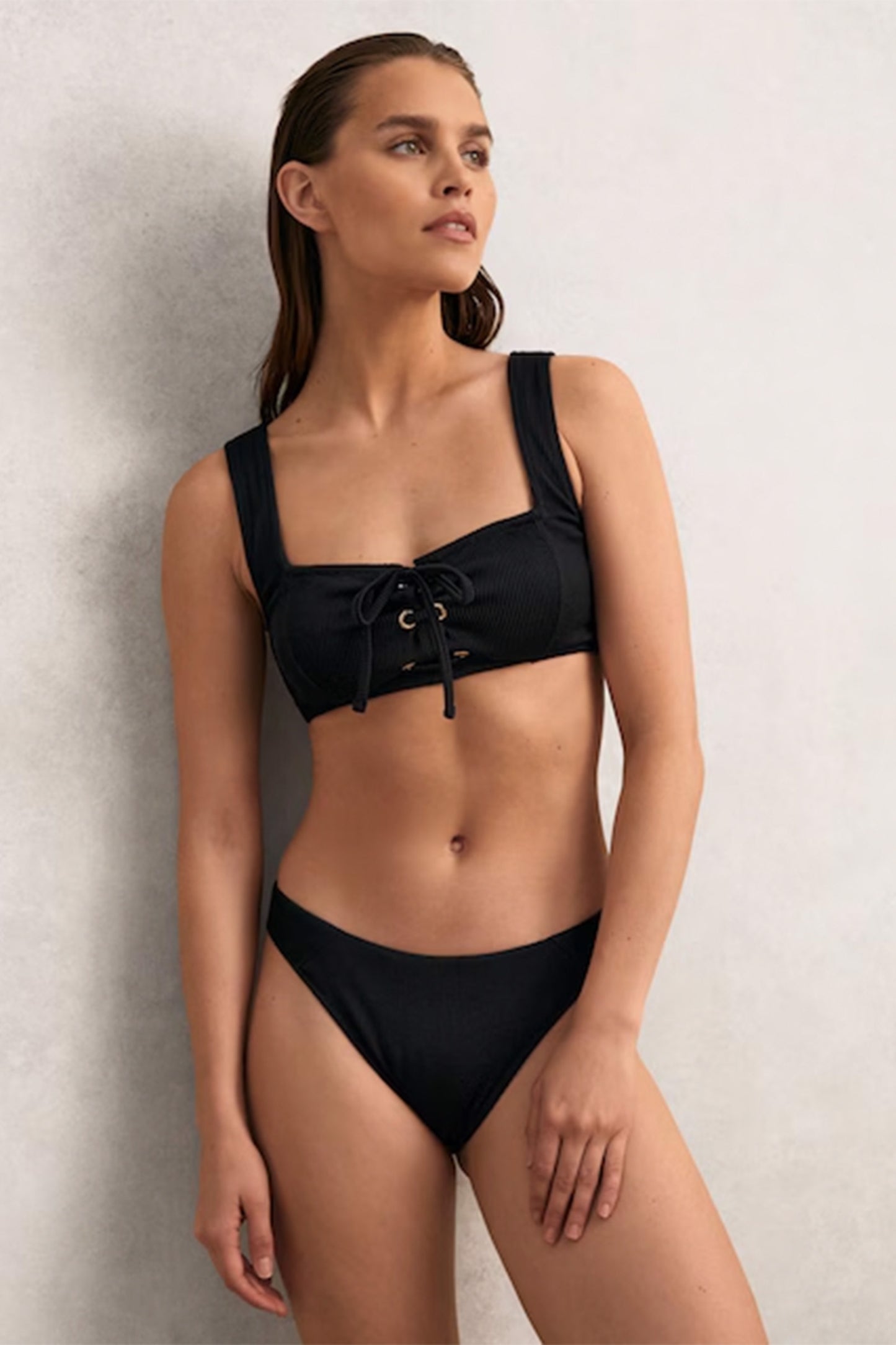 Dee Ribbed Lace-Up Bikini in Black