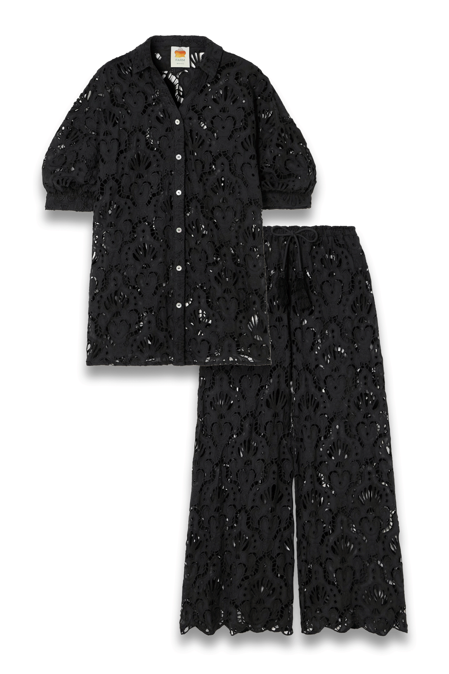 Seashell Broderie Anglaise Cotton Shirt and Tassled Wide-Leg Pants