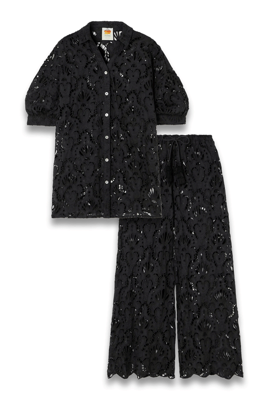 Seashell Broderie Anglaise Cotton Shirt and Tassled Wide-Leg Pants