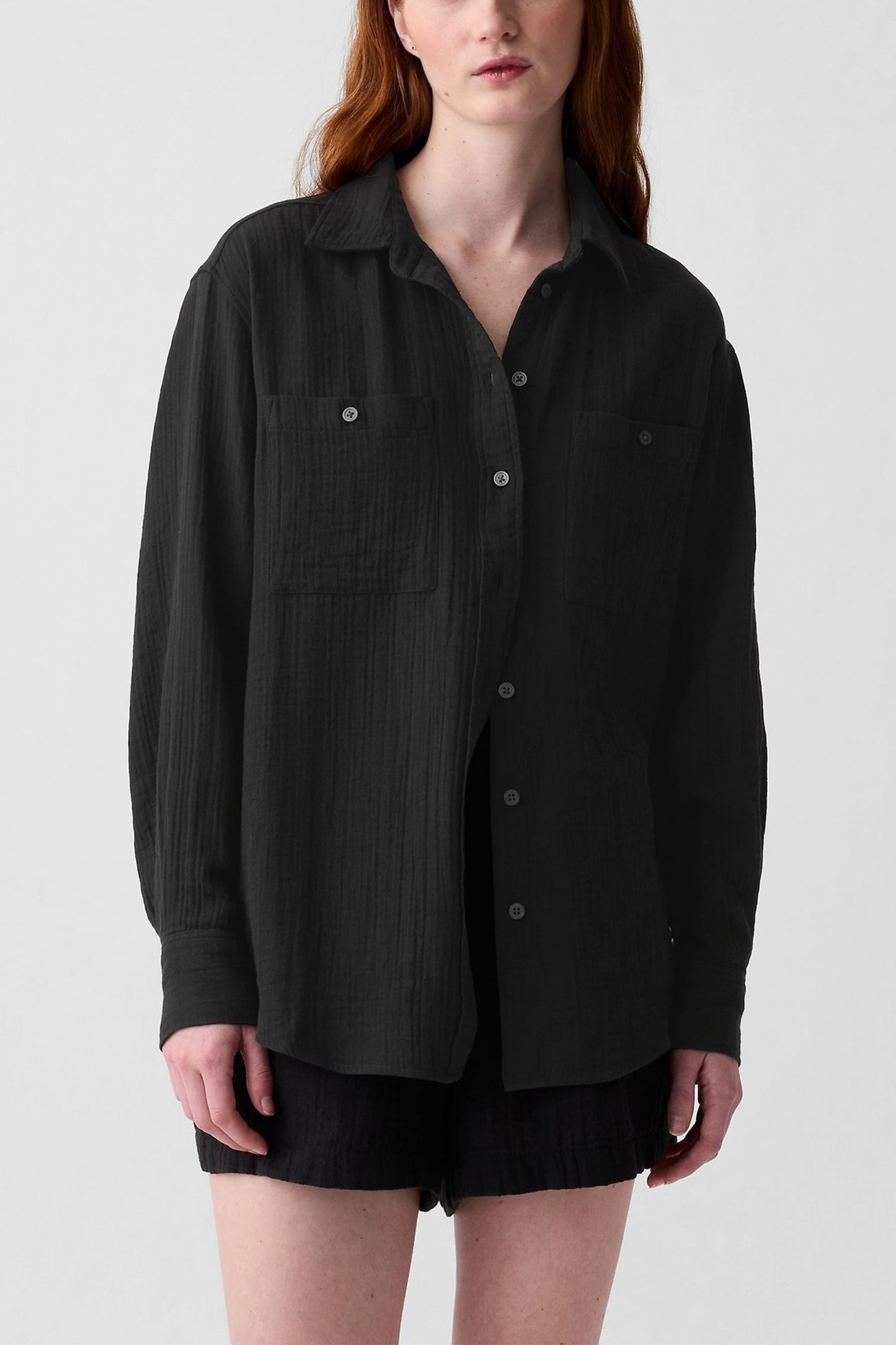 Crinkle Cotton Long Sleeve Oversize Shirt