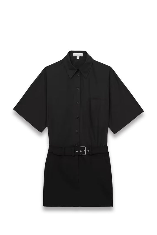 Cotton Woven Belted Shirt Dress in Black