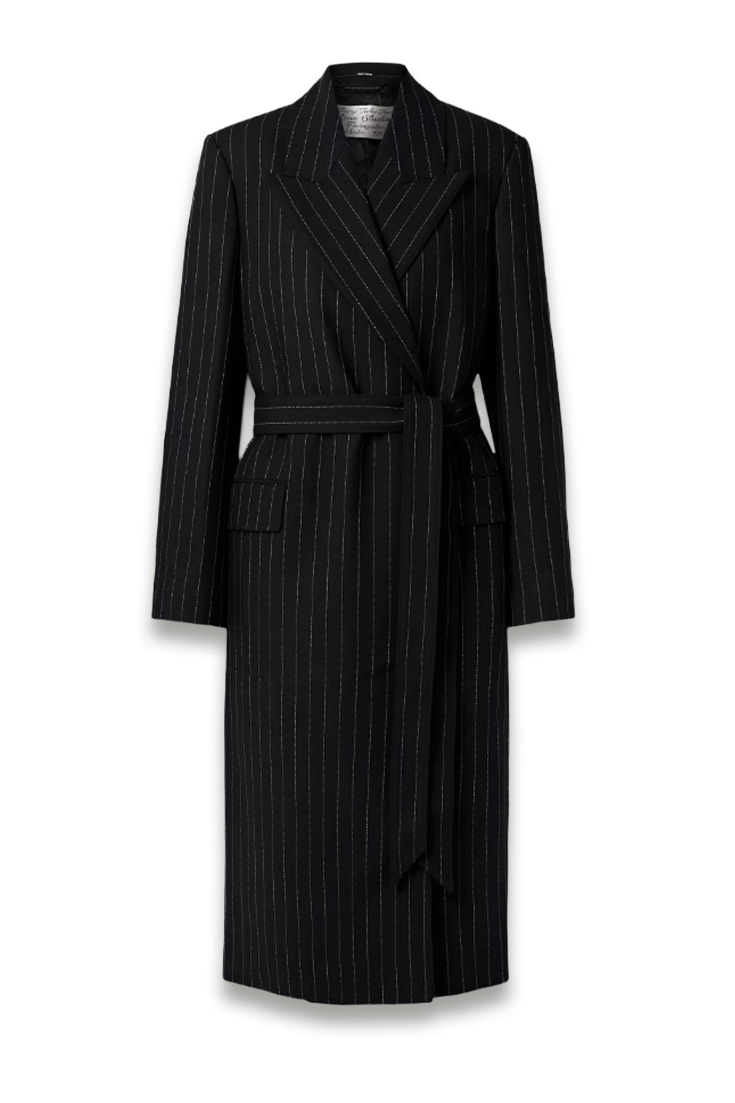 Belted Pinstriped Wool Coat