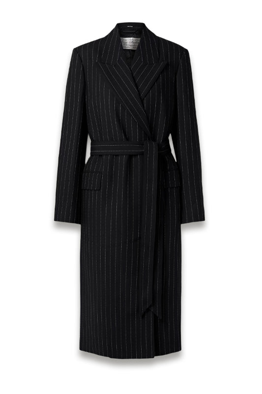 Belted Pinstriped Wool Coat