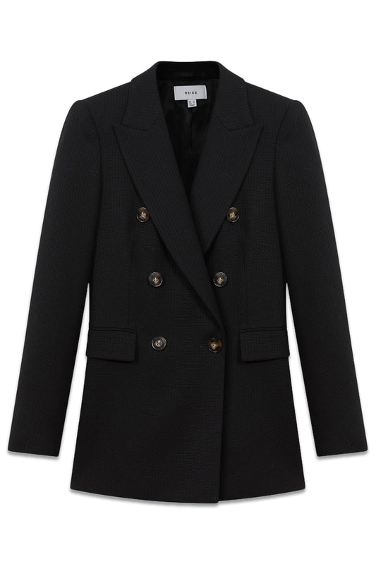 Tailored Textured Wool Blend Double Breasted Blazer