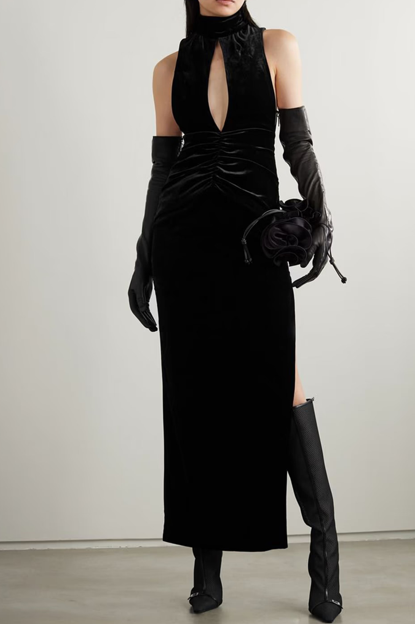 Cutout Gathered Stretch-Velvet Maxi Dress