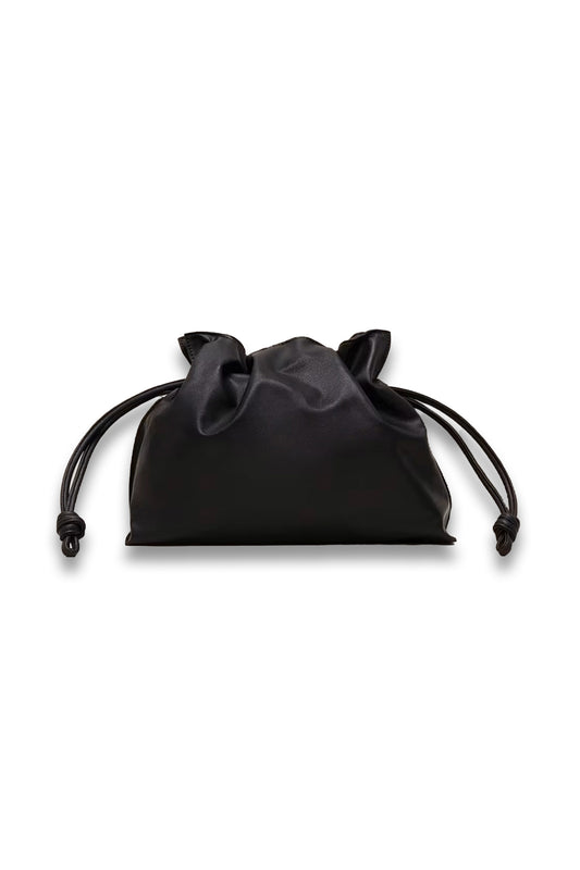 Black Leather Drawstring Soft Pouch Bag