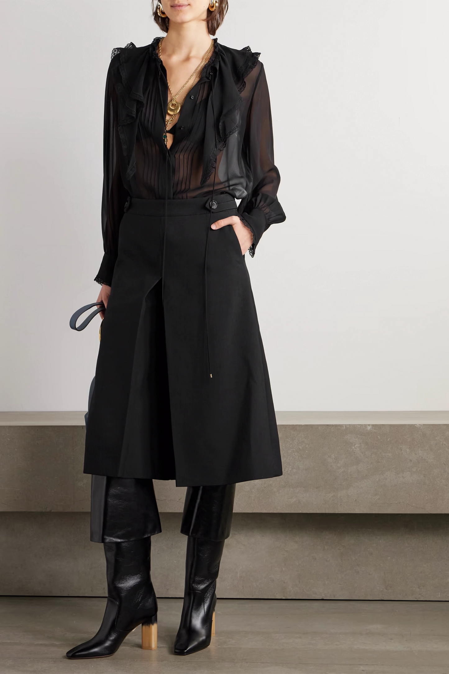 Lace-trimmed pleated silk-chiffon blouse