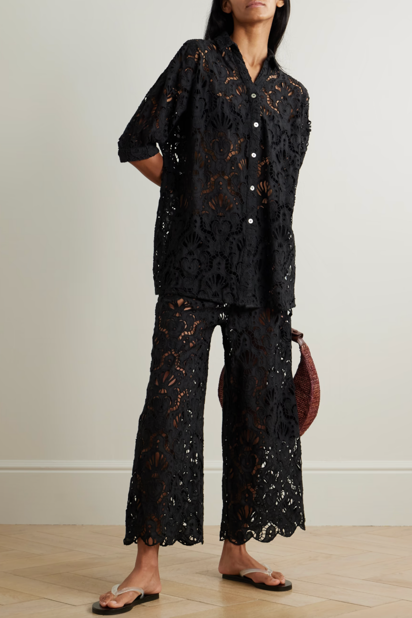 Seashell Broderie Anglaise Cotton Shirt and Tassled Wide-Leg Pants