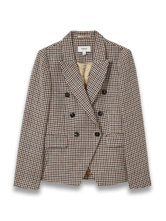 Cotton-Linen Double-Breasted Houndstooth-Check Blazer