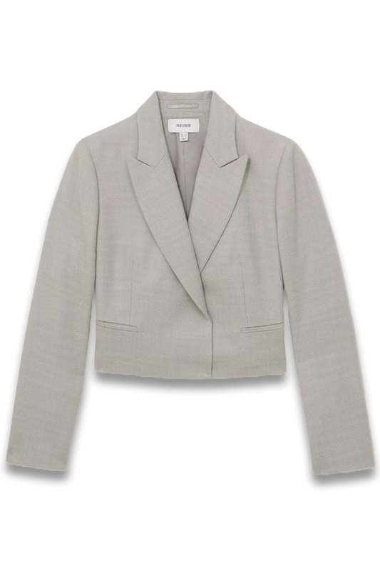 Harper Double-Breasted Cropped Wool-Blend Blazer in Grey