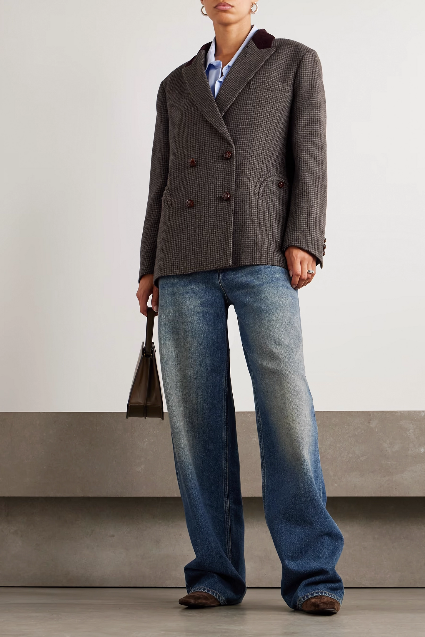 Double-breasted corduroy-trimmed houndstooth wool-blend blazer
