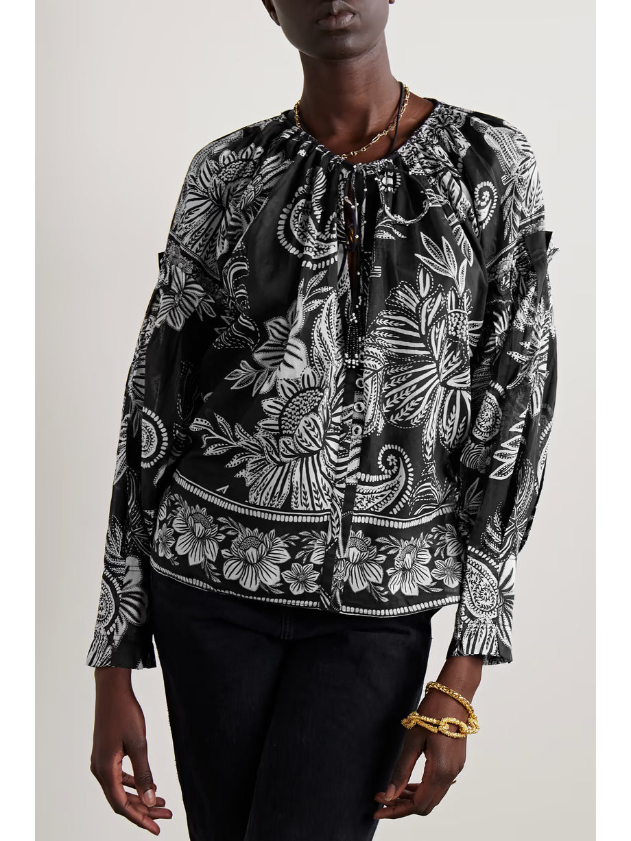 Tie-detailed Bead-embellished Printed Cotton-voile Blouse