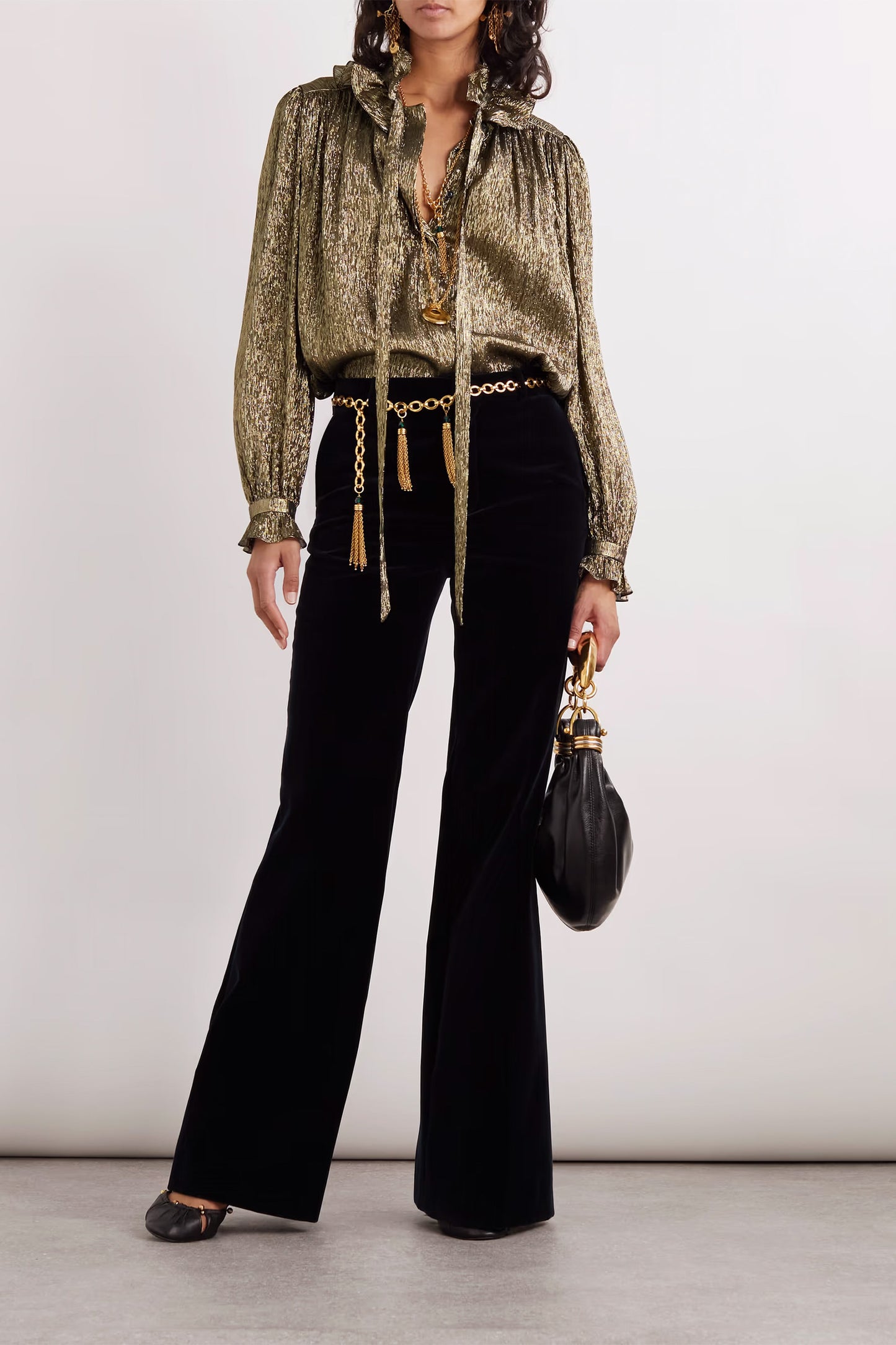 Pussy-bow metallic chiffon blouse