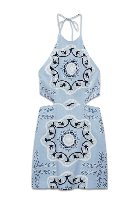 Embroidered Linen Blend Mini Dress, Light Blue/Multi