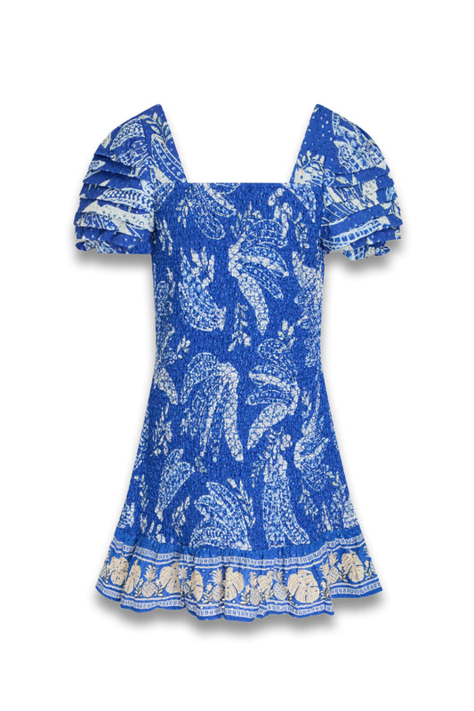 Smocked Printed Broderie Anglaise Cotton Mini Dress