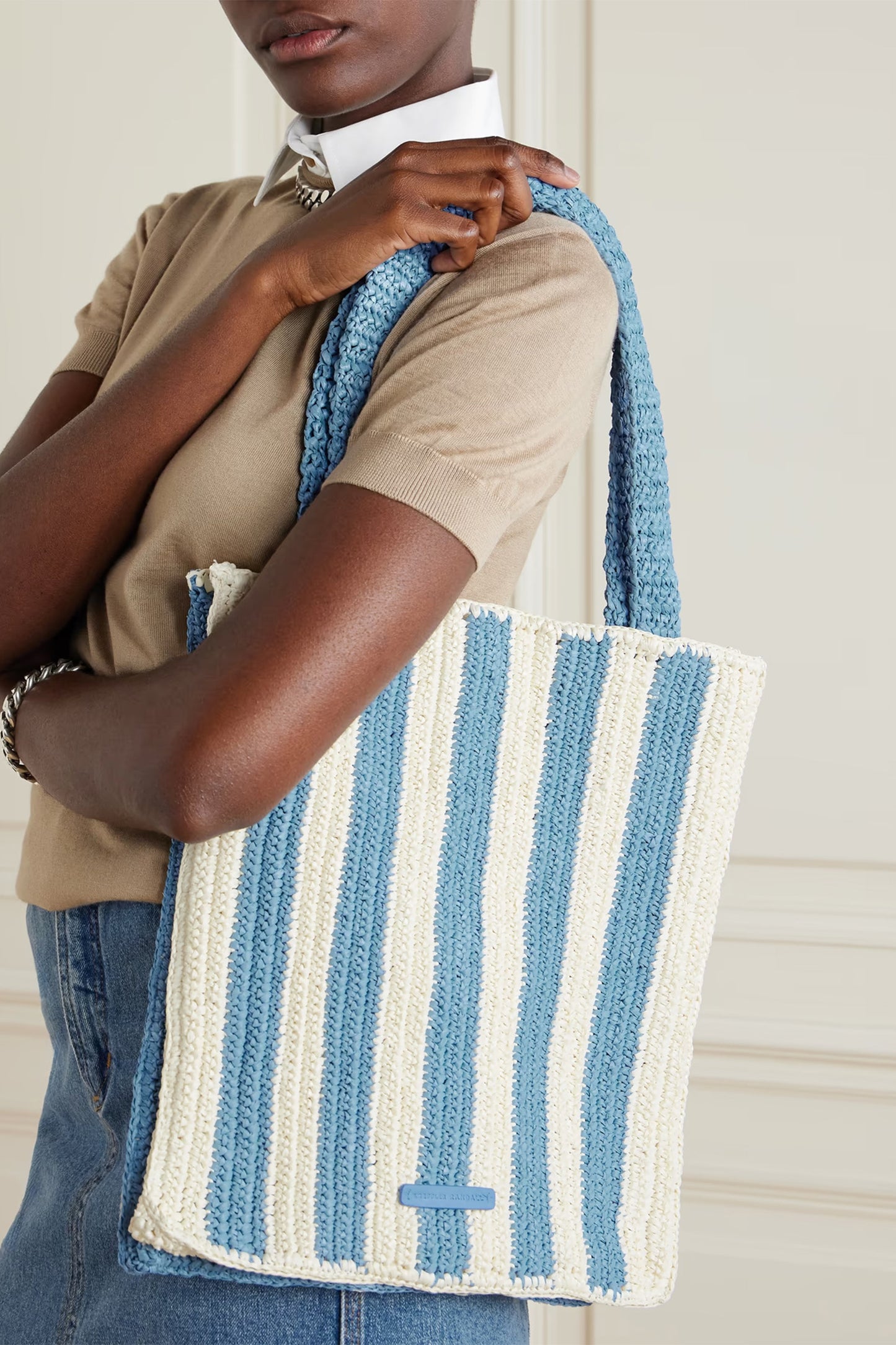 Orion Striped Crocheted Raffia Tote