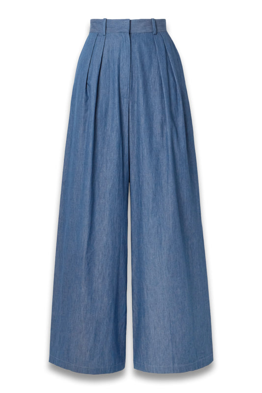 River Pleated Cotton-chambray Wide-leg Pants