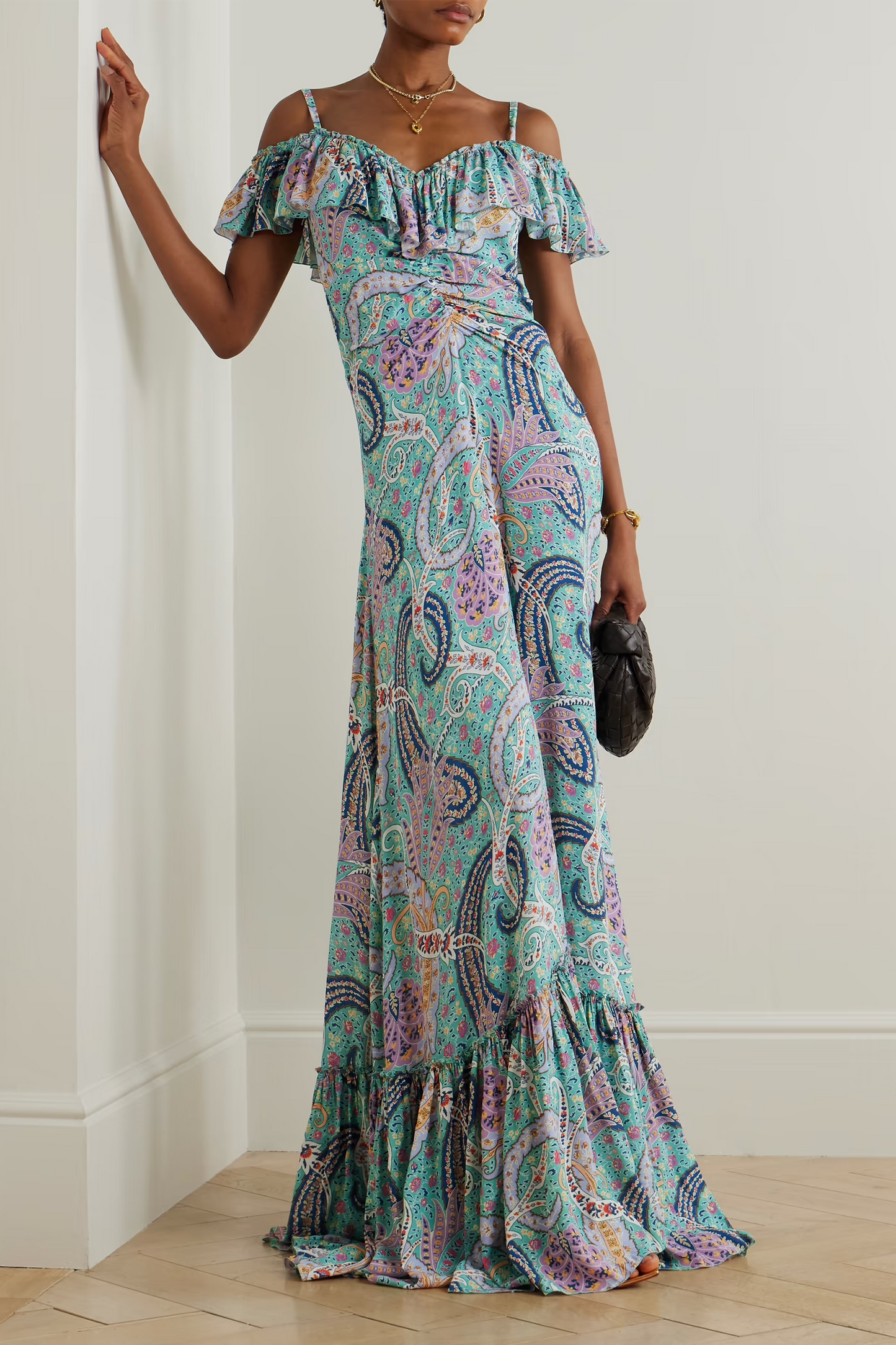 Off-the-shoulder Ruffled Paisley-print Georgette Maxi Dress