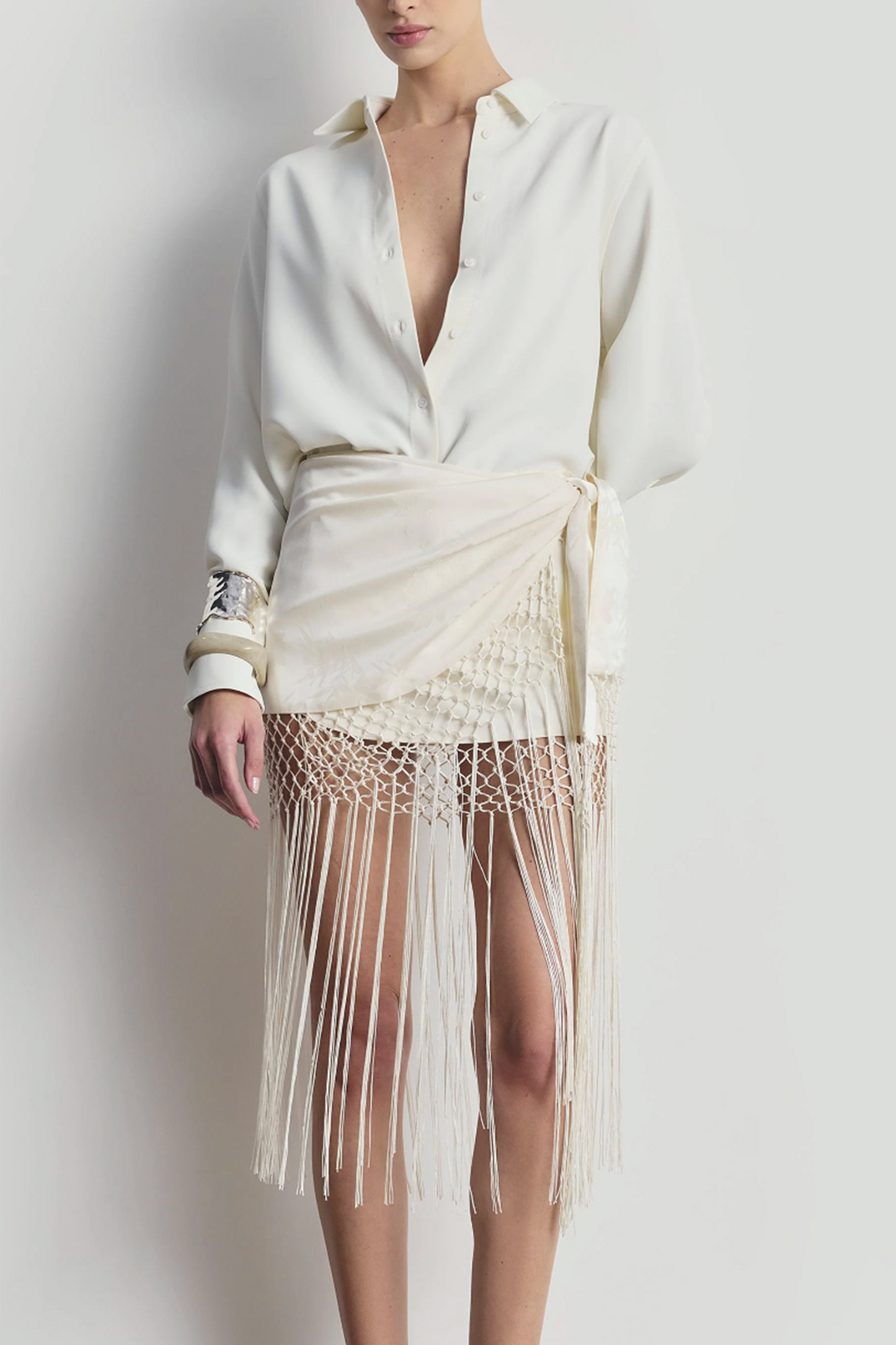Satin Jacquard Sarong Midi Skirt with Fringing