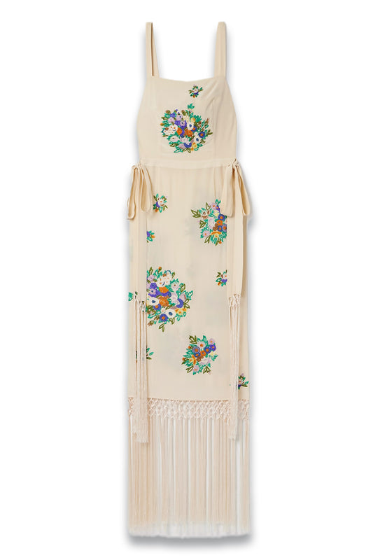 Fringed Embroidered Silk Crepe De Chine Midi Dress