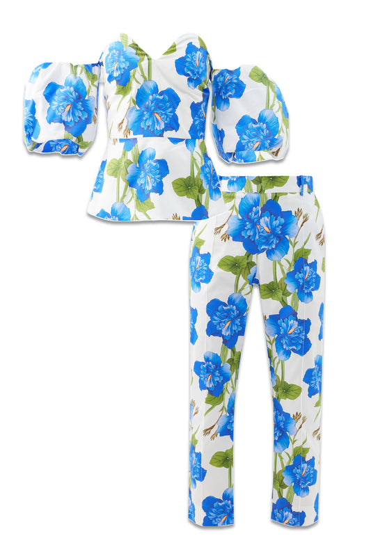 Alma off-the-shoulder printed cotton top and trousers