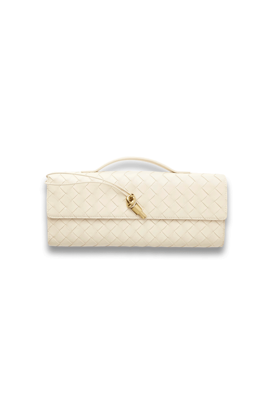 Long Andiamo Intrecciato Leather Clutch in Cream