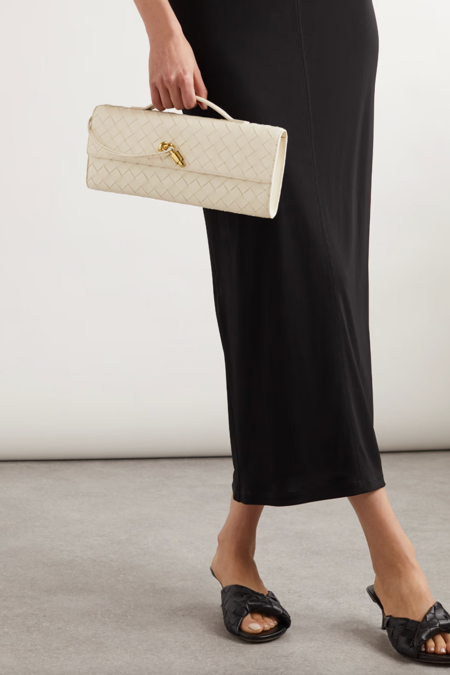 Long Andiamo Intrecciato Leather Clutch in Cream
