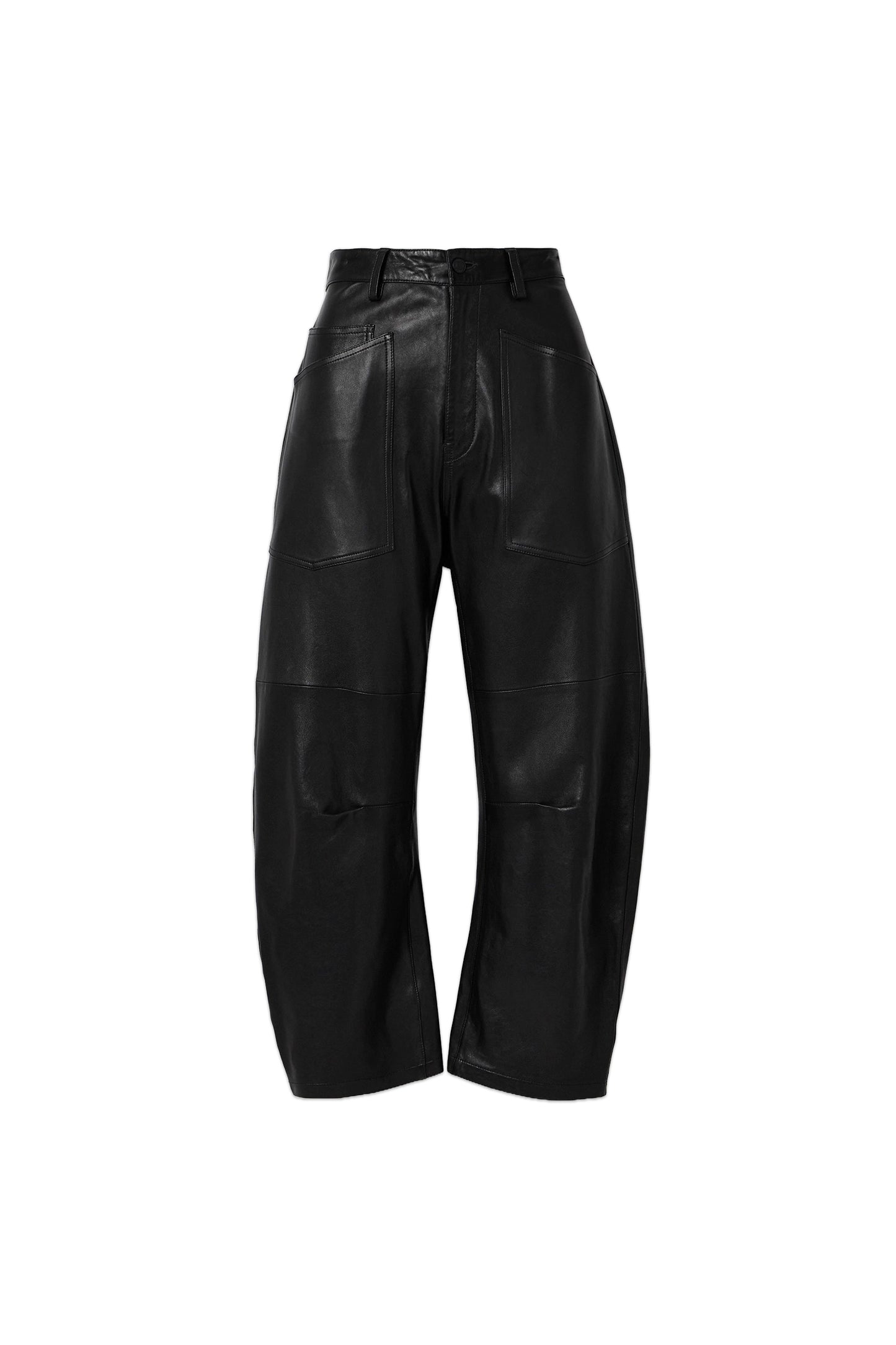 A pair of black leather tapered pants with elongated cargo pockets and pleated knees.