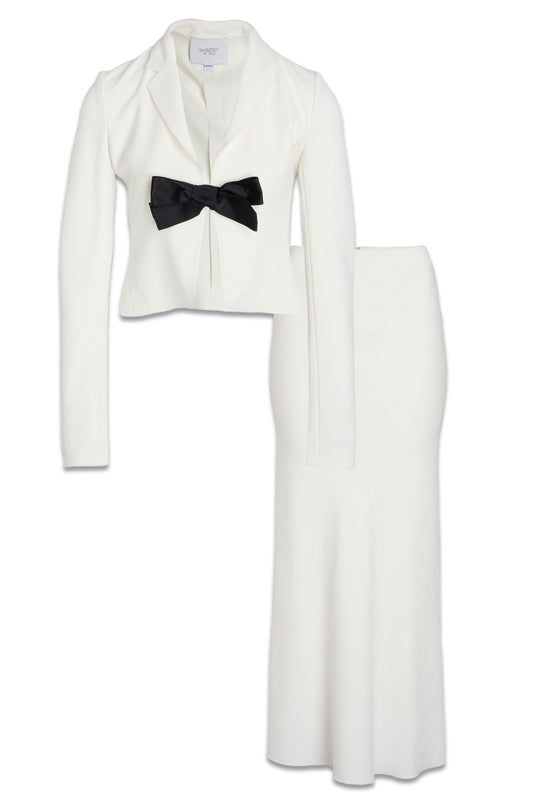 White Crepe Jacket With Black Bow And Skirt