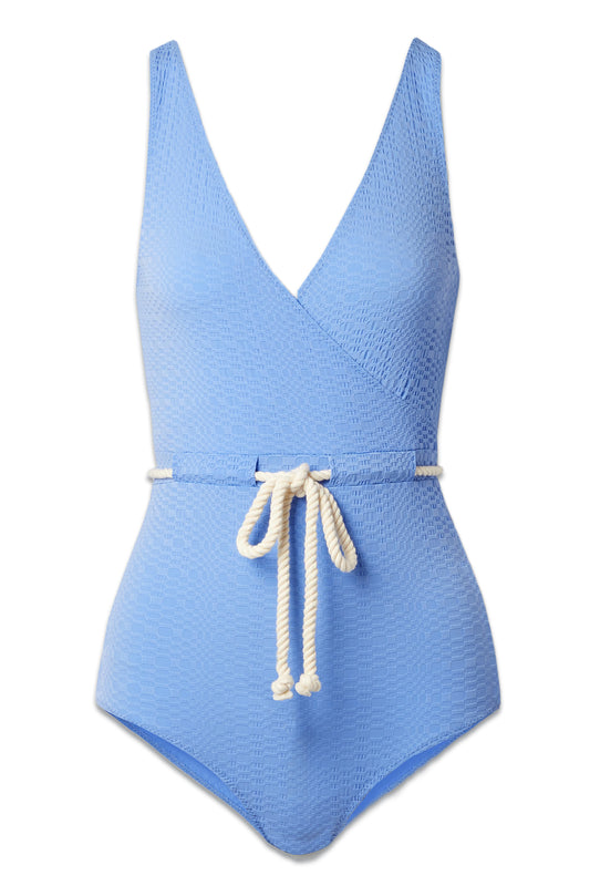 + NET SUSTAIN Yasmin Wrap-effect Rope-detailed Stretch-seersucker Swimsuit