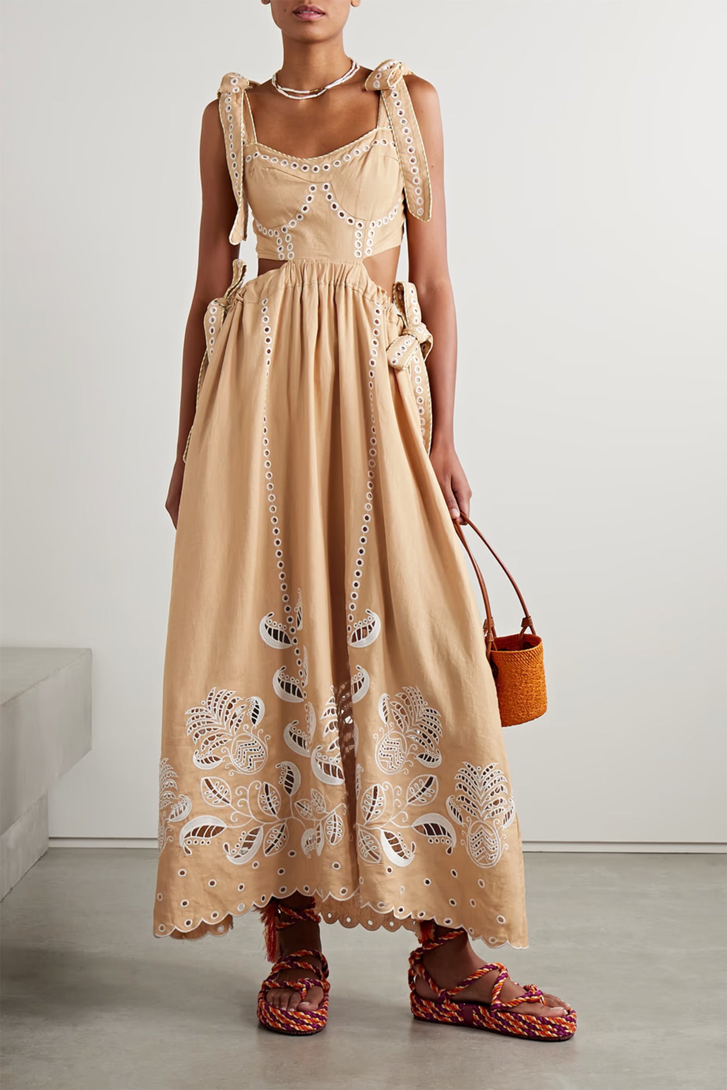 Open-back Scalloped Broderie Anglaise Linen-blend Midi Dress