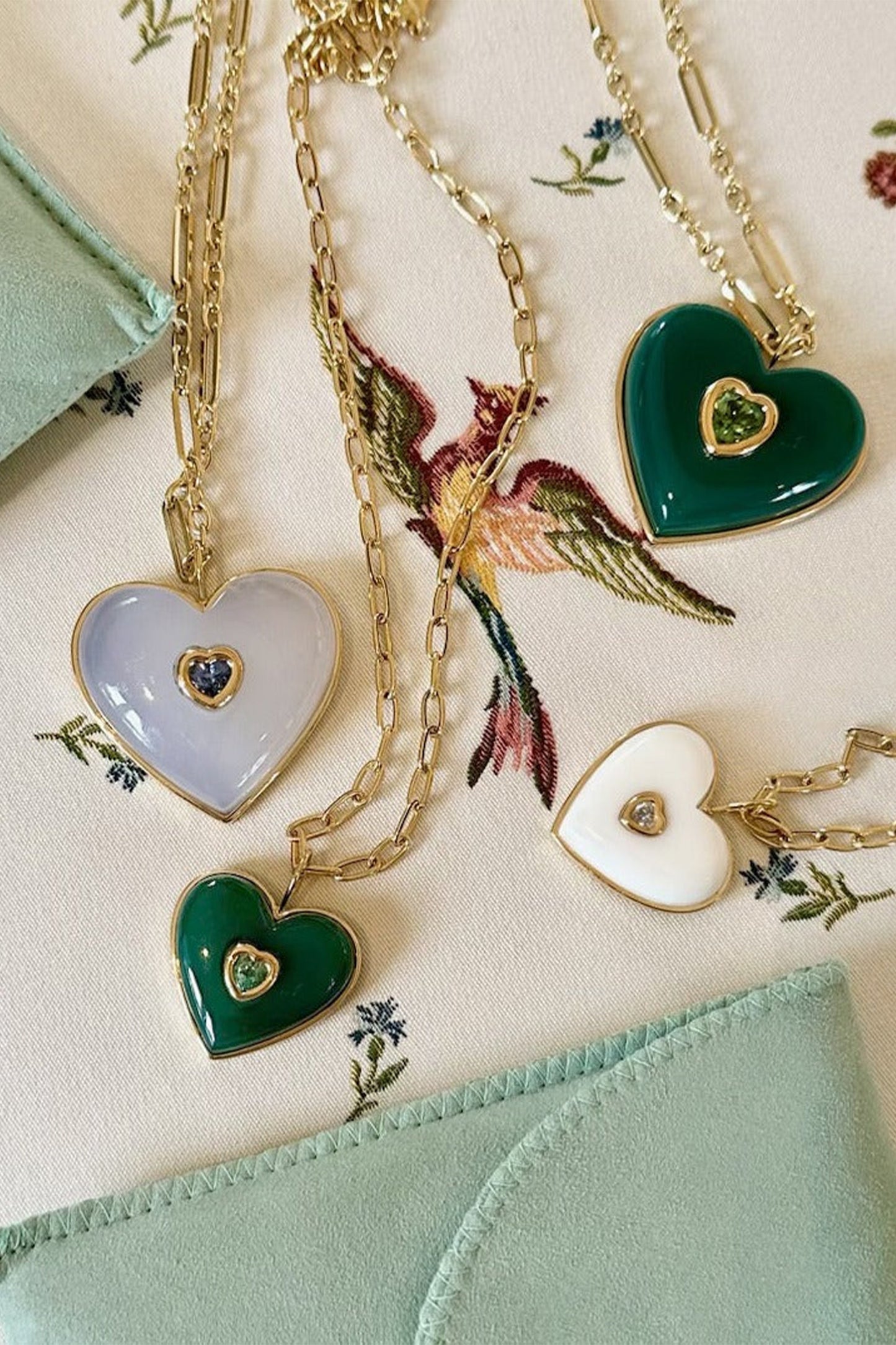 AERIN x Brent Neale : Medium Puff Heart Pendant with White Agate and Diamond Heart Inset
