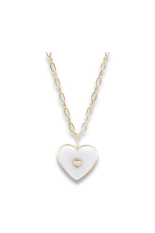 AERIN x Brent Neale : Medium Puff Heart Pendant with White Agate and Diamond Heart Inset