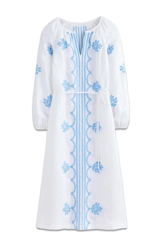 Embroidered Belted Linen Dress