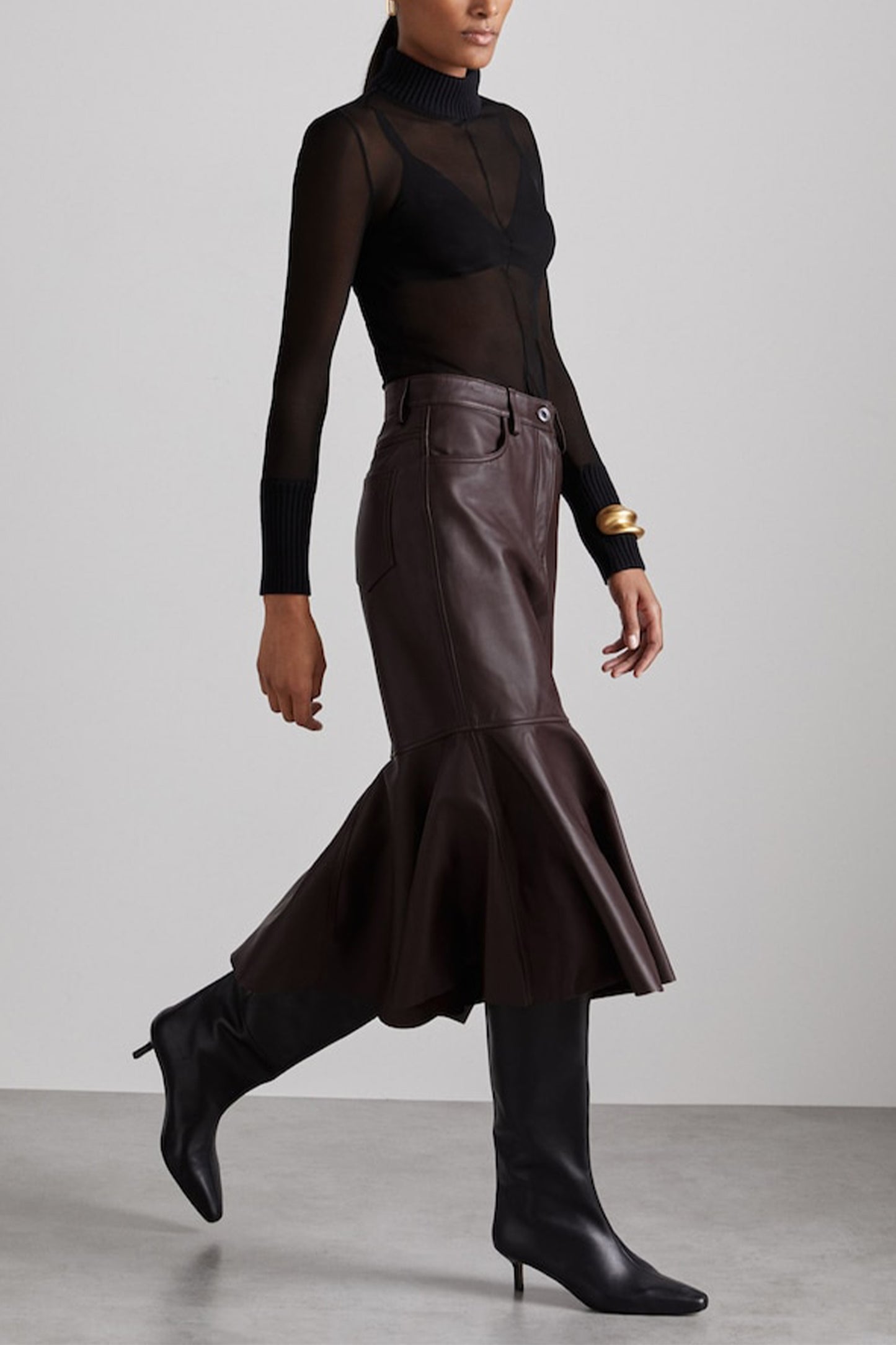 Atelier Leather Fluted Midi Skirt in Burgundy