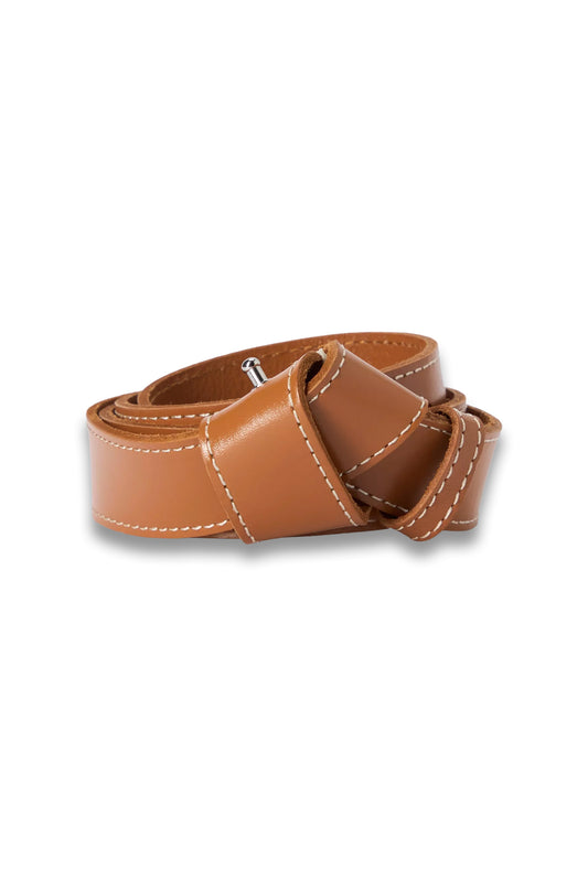 Knot Topstitch Leather Belt in Tan