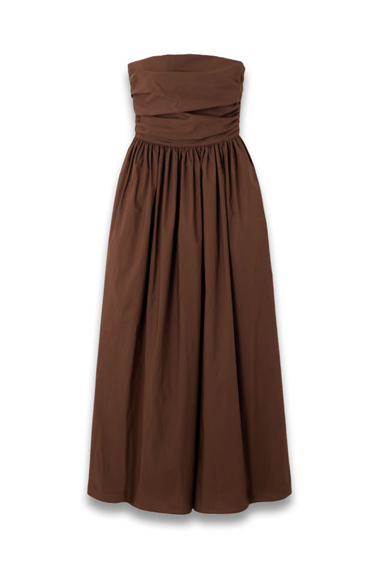 Strapless Gathered Organic Cotton-Poplin Midi Dress