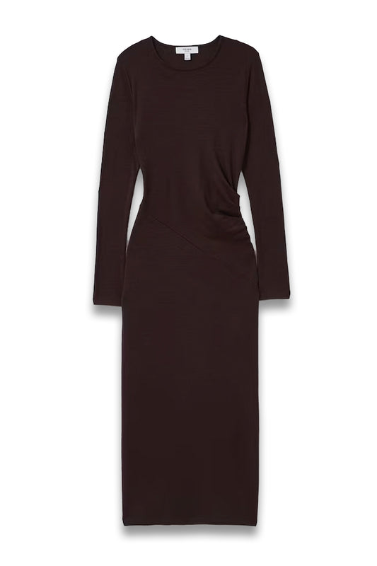 Wool Ruche Detail Midi Dress in Berry