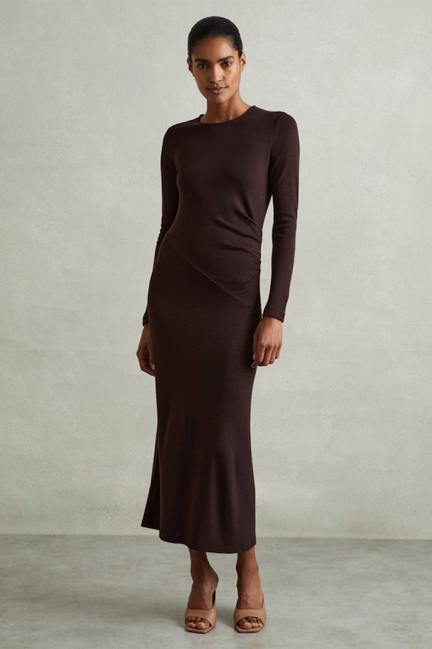 Wool Ruche Detail Midi Dress in Berry