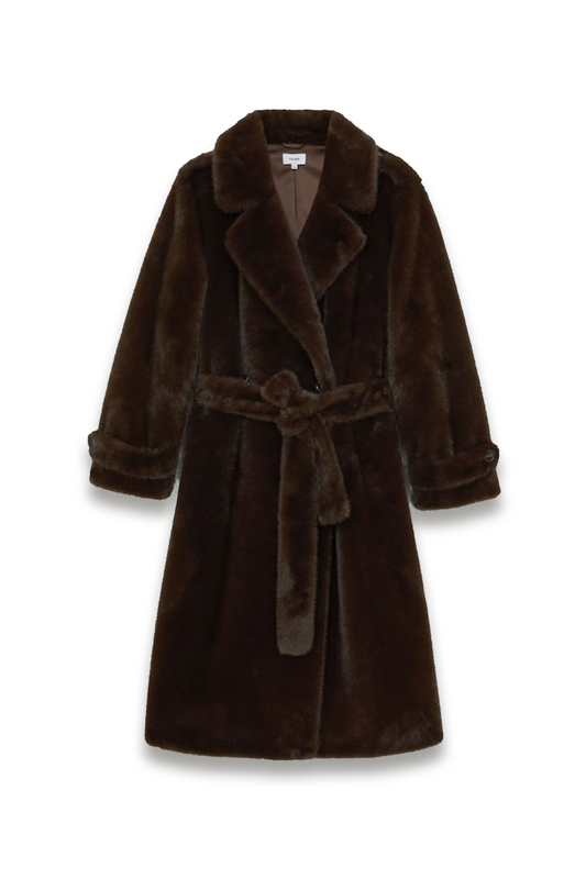 Cate Faux-Fur Long Belted Coat in Chocolate Brown