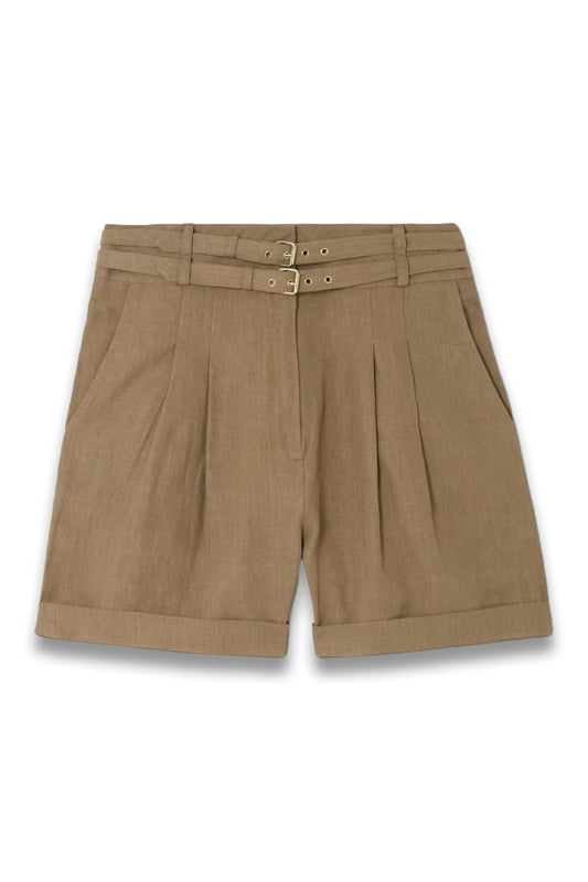 Aqiva Belted Pleated Linen Shorts