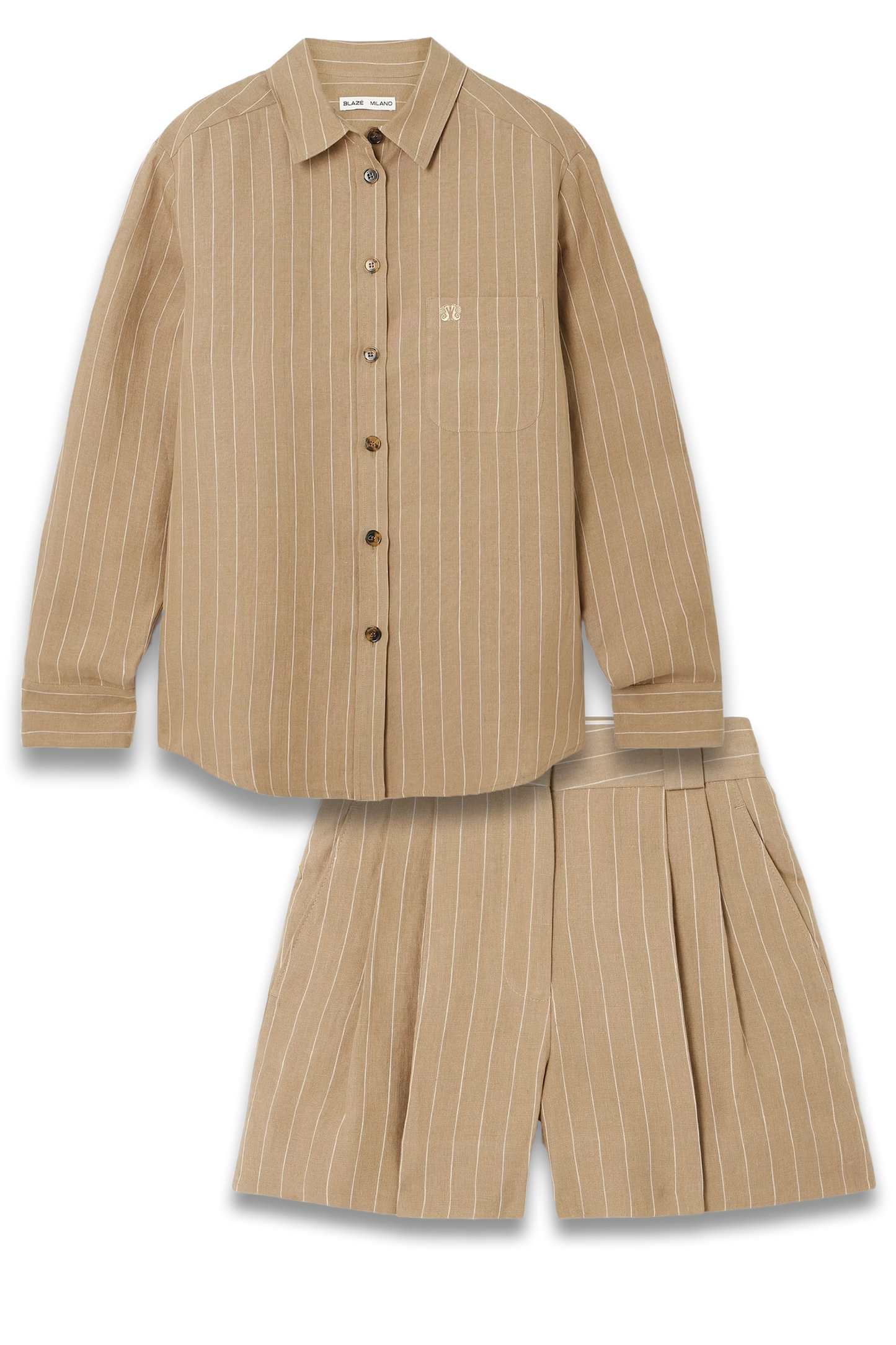 Heretique Anabas Pinstriped Linen Shirt and L'Heretique Selle Pleated Pinstriped Linen Shorts