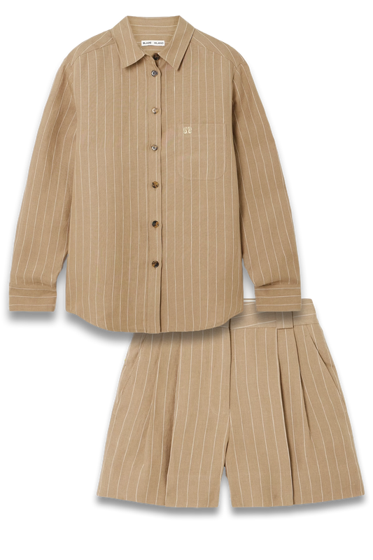Heretique Anabas Pinstriped Linen Shirt and L'Heretique Selle Pleated Pinstriped Linen Shorts