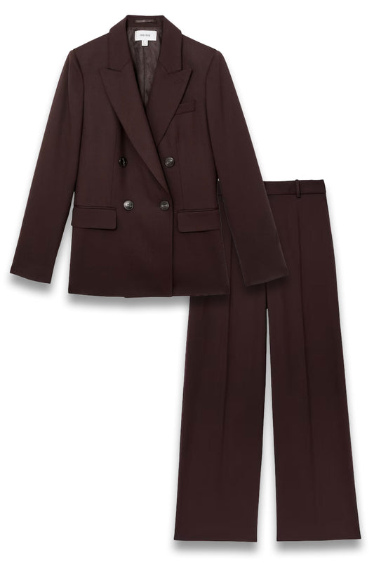 Solene Wool-Blend Double-Breasted Suit Blazer in Aubergine and Wide-Leg Suit Trousers