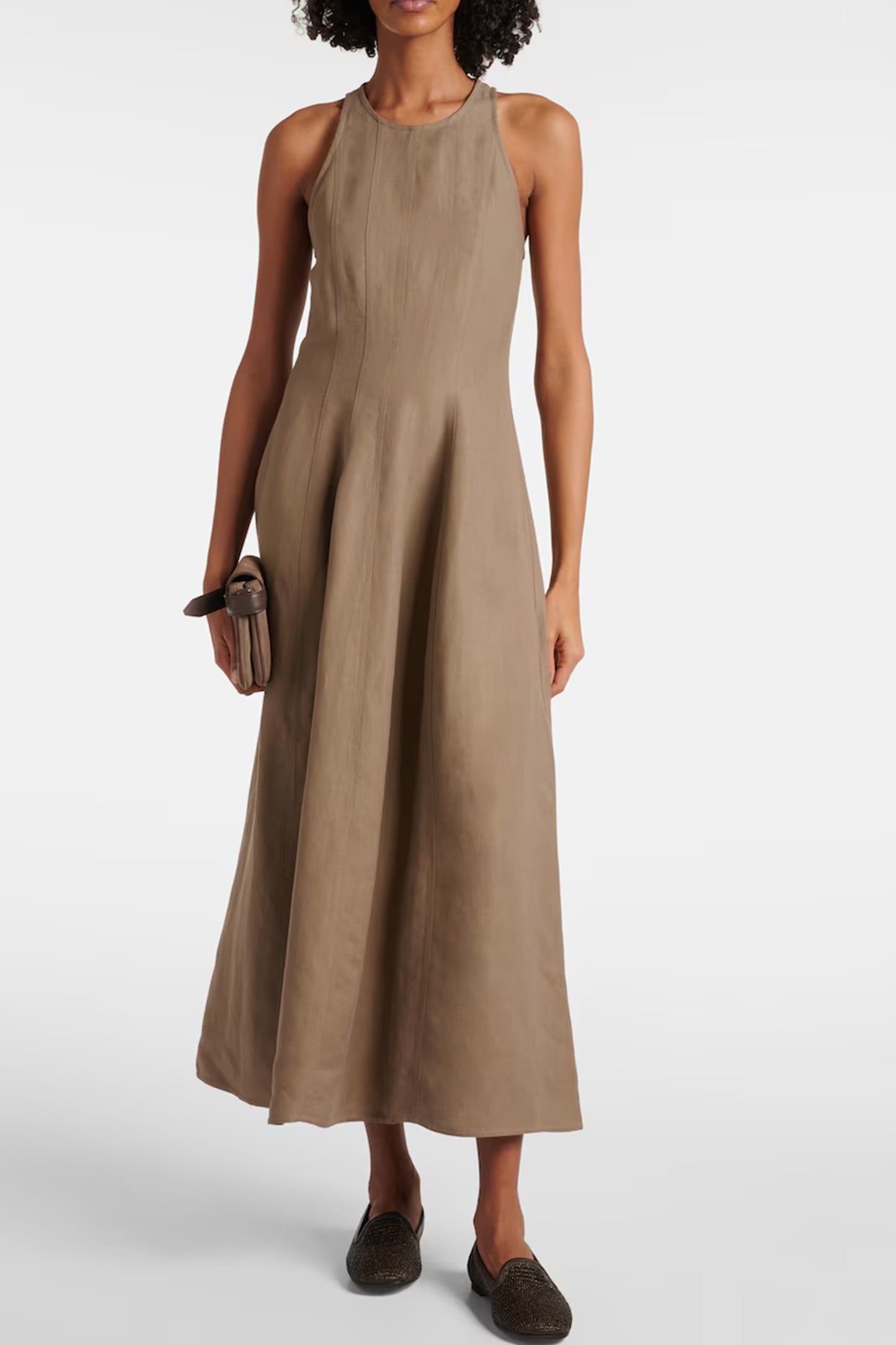 Pleated Twill Midi Dress