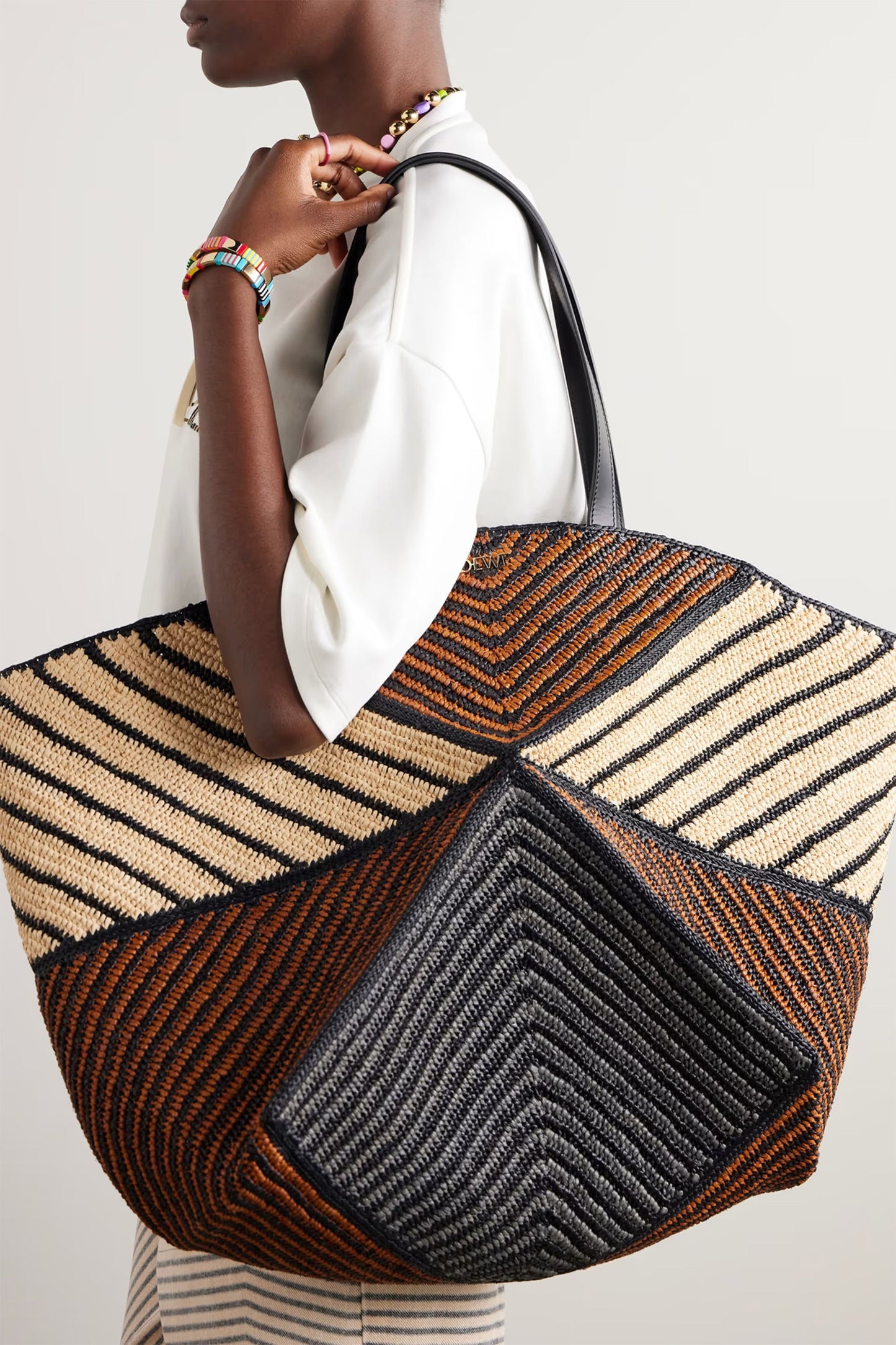Paula's Ibiza Puzzle Fold XL Leather-trimmed Raffia Tote Bag