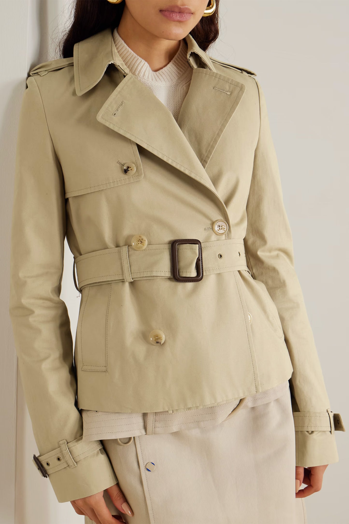 Waterloo cropped double-breasted leather-trimmed gabardine trench coat